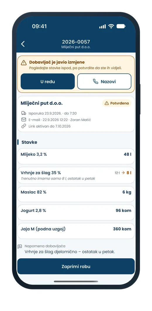 Status narudžbe s izmjenom dobavljača